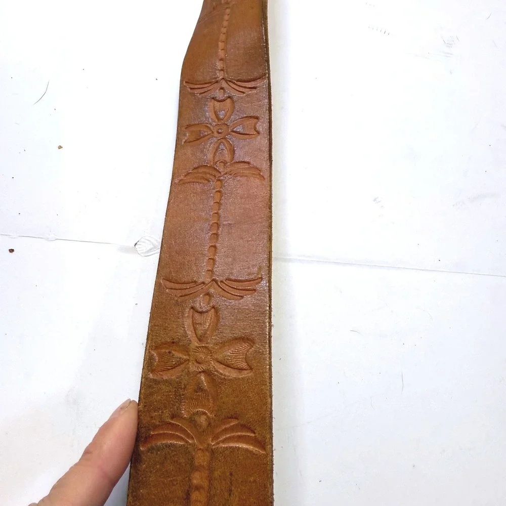 Vintage Tooled Leather Belt Strap Brown Floral Palm Tree Snap On 1.75 Inch Sz